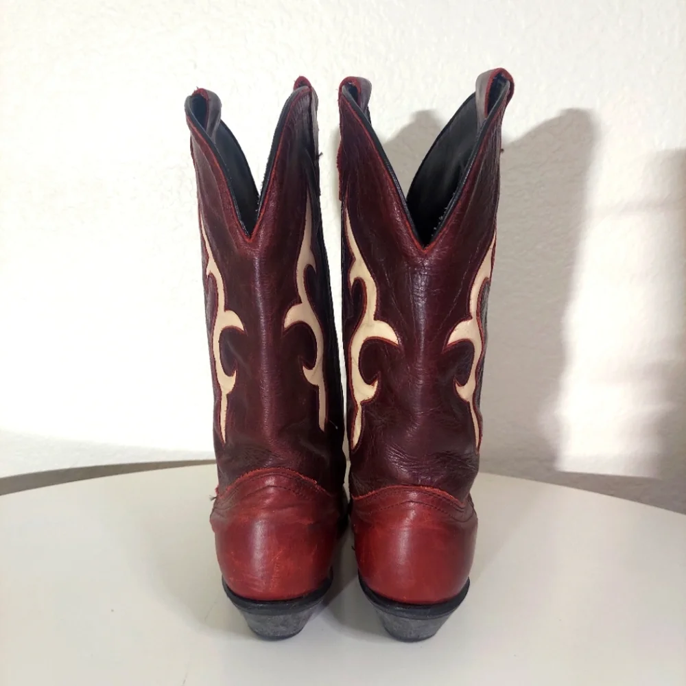 Burgundy & Light Beige Leather Heeled Cowgirl Boots - Picture 3 of 15